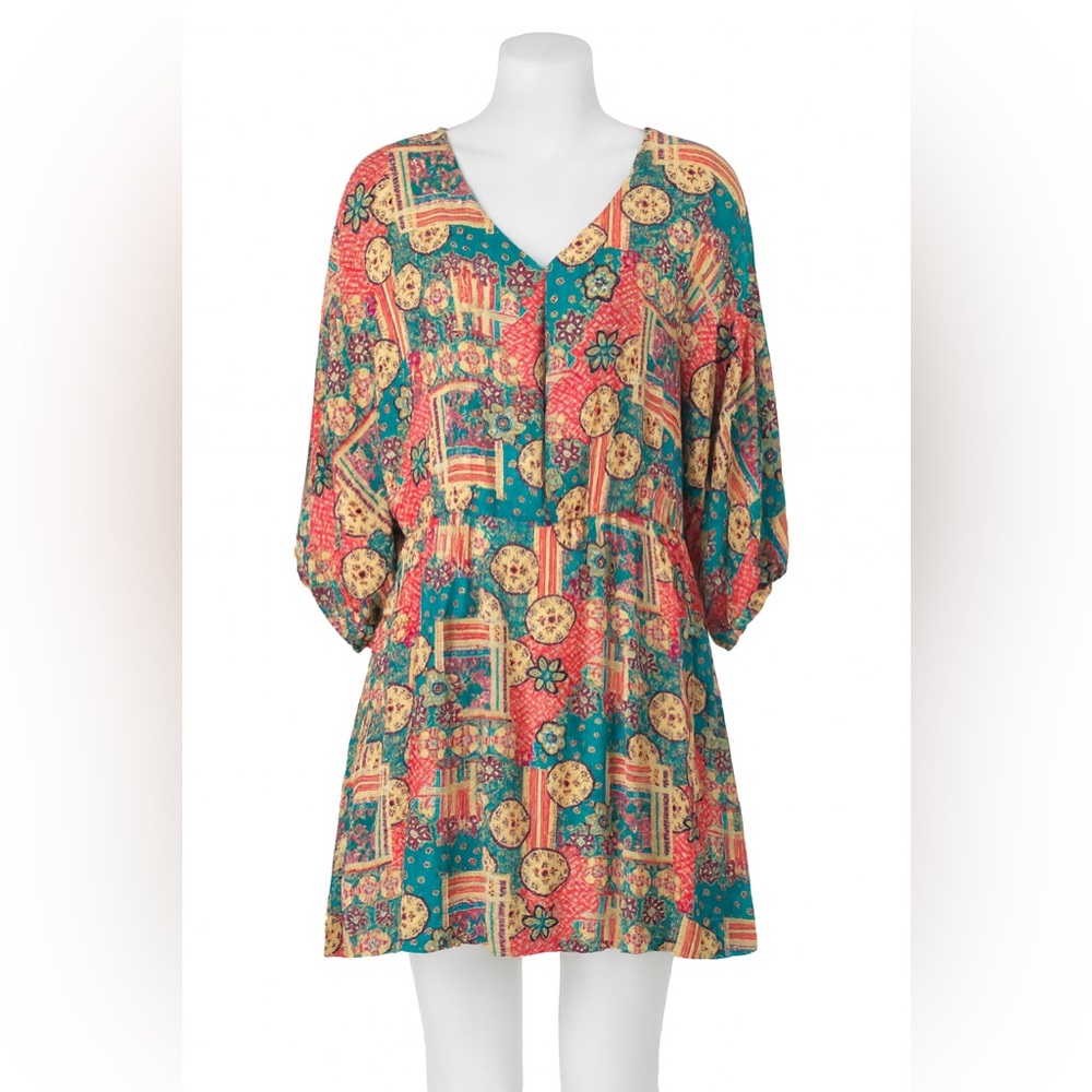 Savanah Jane Pin Teal Geo Print Mini Dress Flowey Bohemian Stretch Waist Size 2X